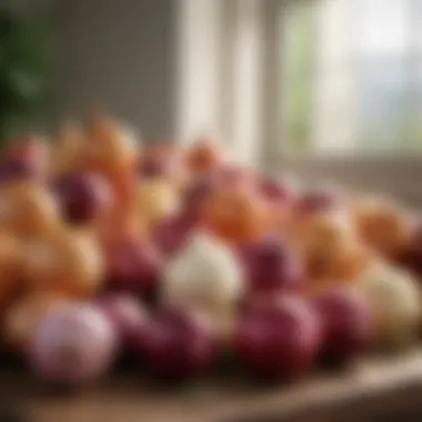 Various types of onions displayed in a vibrant setting