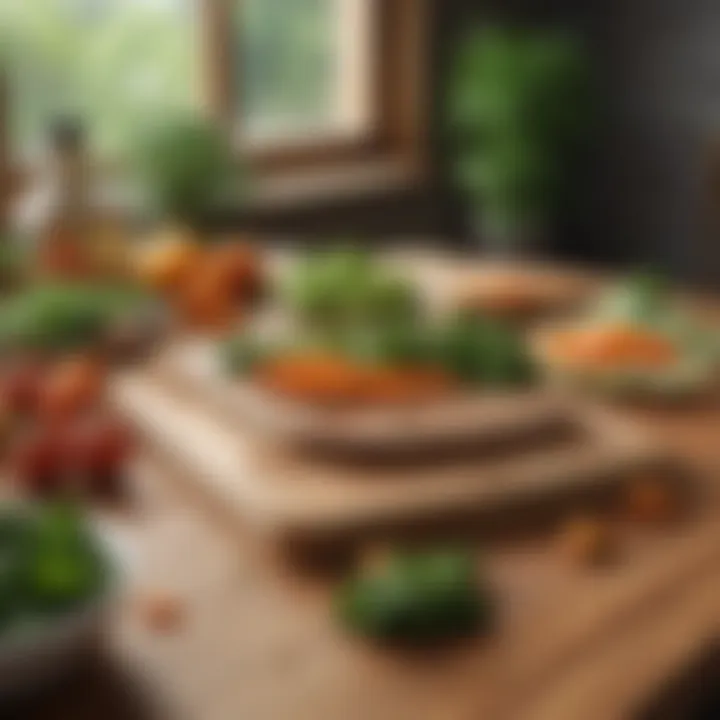 Maple wood cutting board surrounded by fresh vegetables and herbs