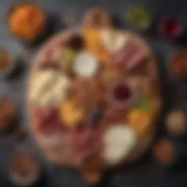 Artful Charcuterie Board Arrangement Artfully arranged charcuterie board featuring cheeses, nuts, and dried fruits