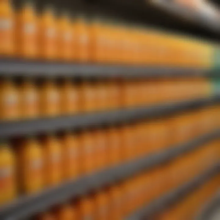 An assortment of different orange juice brands on a supermarket shelf