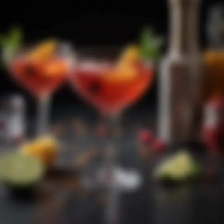 An artistic arrangement of various cocktail ingredients, highlighting their textures and colors.
