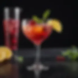 A beautifully garnished cocktail glass showcasing vibrant colors and delicate ingredients.
