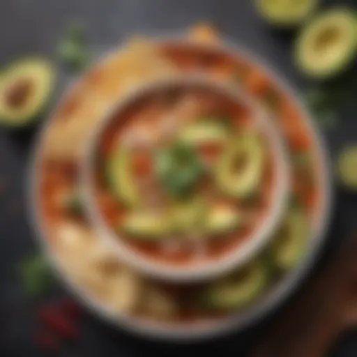 A bowl of vibrant tortilla soup garnished with avocado slices and tortilla strips