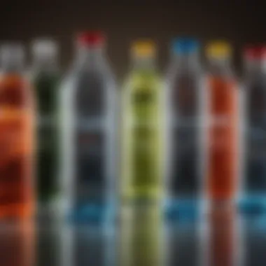 Various types of bottled water arranged artistically