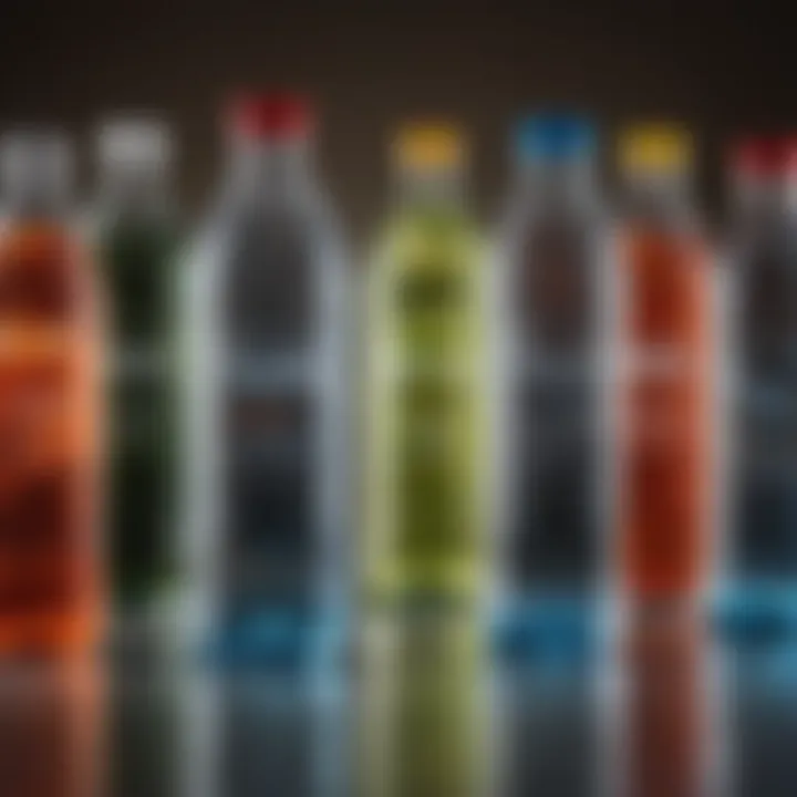 Various types of bottled water arranged artistically
