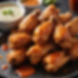 A close-up of crispy buffalo wings glistening with sauce