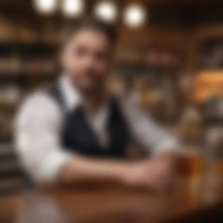 A vibrant bar scene showcasing the interaction between bartenders and patrons