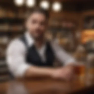 Bar Scene: Engaging with Call Liquor A vibrant bar scene showcasing the interaction between bartenders and patrons