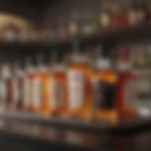 An elegant display of call liquor bottles on a polished bar shelf