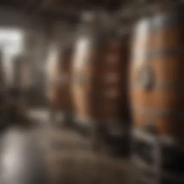 A visually appealing brewery setting with barrels and brewing equipment