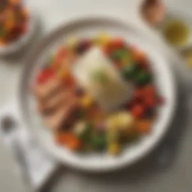 Exquisite Mediterranean Meal A beautifully arranged plate featuring a Mediterranean meal with fish and vegetables
