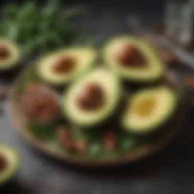 Keto-Friendly Foods A vibrant arrangement of keto-friendly foods including avocados, nuts, and leafy greens.