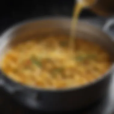 A bubbling pot of flavorful broth and pasta