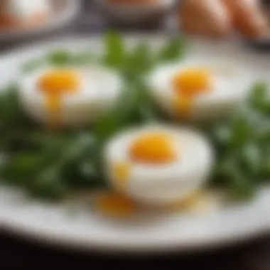 Tender poached eggs on a bed of greens