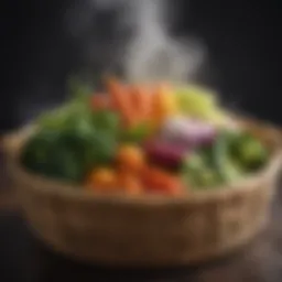 Vibrant vegetables steaming in a bamboo basket