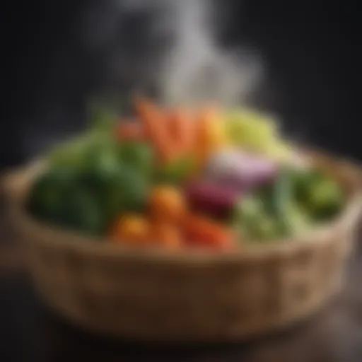 Vibrant vegetables steaming in a bamboo basket