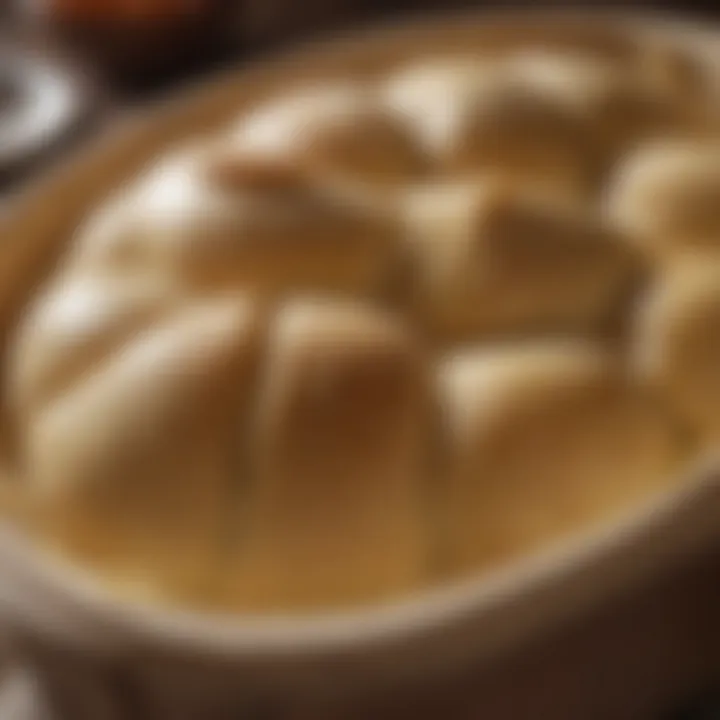 A close-up of dough resting in a round proofing basket, demonstrating its shape and texture