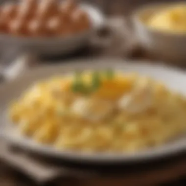 A close-up of creamy scrambled eggs on a plate