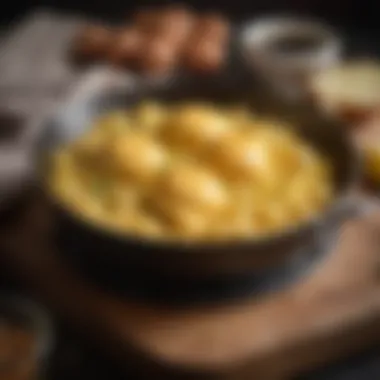 A skillet with scrambled eggs being cooked to perfection