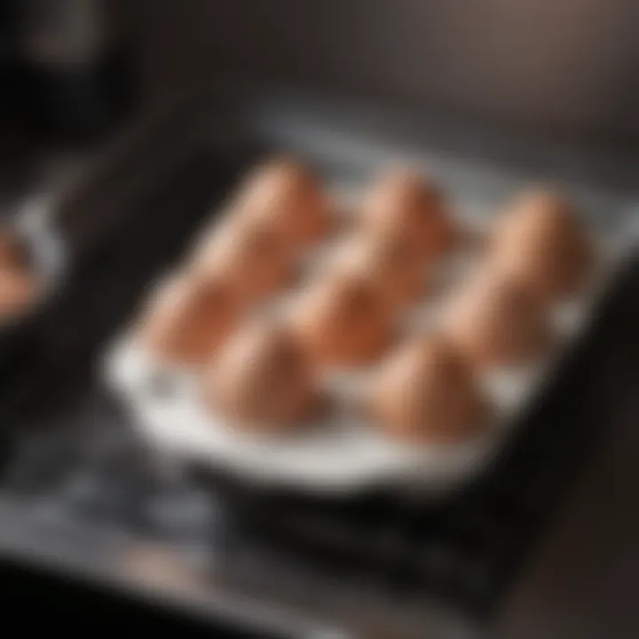 Close-up view of eggs being placed in the ceramic cooker