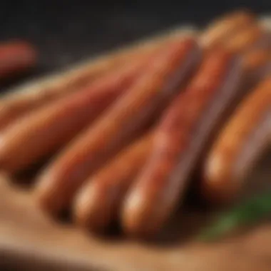 Close-up view of Johnsonville sausage links on a wooden board