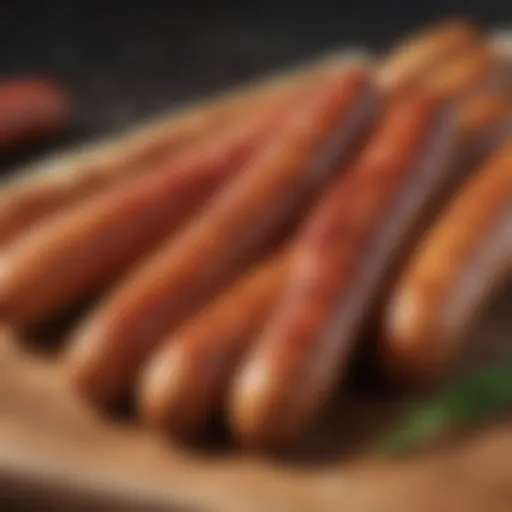 Close-up view of Johnsonville sausage links on a wooden board