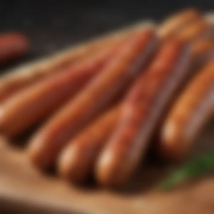 Close-up view of Johnsonville sausage links on a wooden board