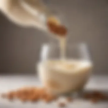 Almond milk being poured into a bowl of cereal.