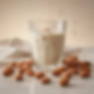 A close-up view of a glass of almond milk with almonds scattered around.