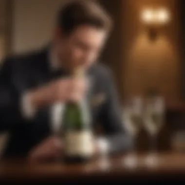 A sommelier expertly examining a bottle of vintage champagne with a hint of luxury