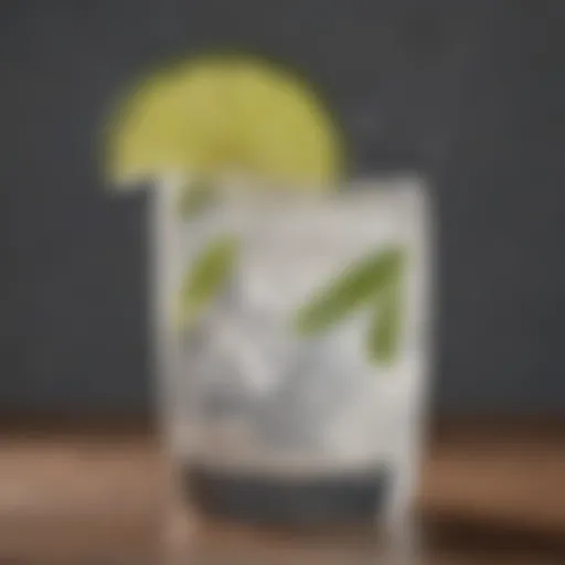 A close-up of a refreshing vodka soda garnished with a lime.