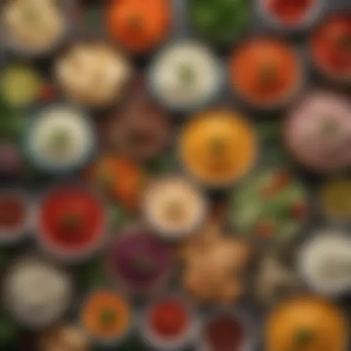 An elegant spread of assorted dips in colorful bowls with fresh vegetables