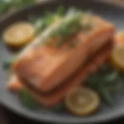 A vibrant salmon dish garnished with herbs and citrus