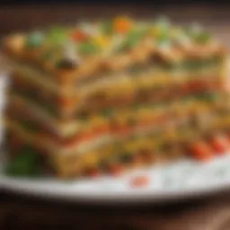 A colorful vegan strata layered with fresh vegetables and herbs