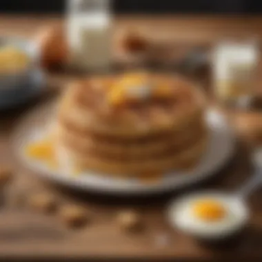 An array of waffle ingredients including flour, eggs, and milk on a wooden countertop