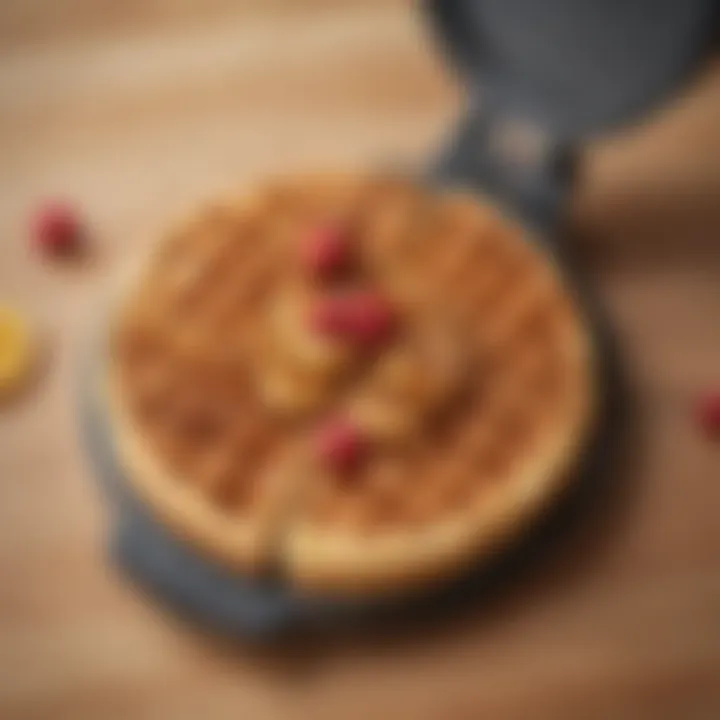 A close-up of a waffle maker with golden-brown waffles inside