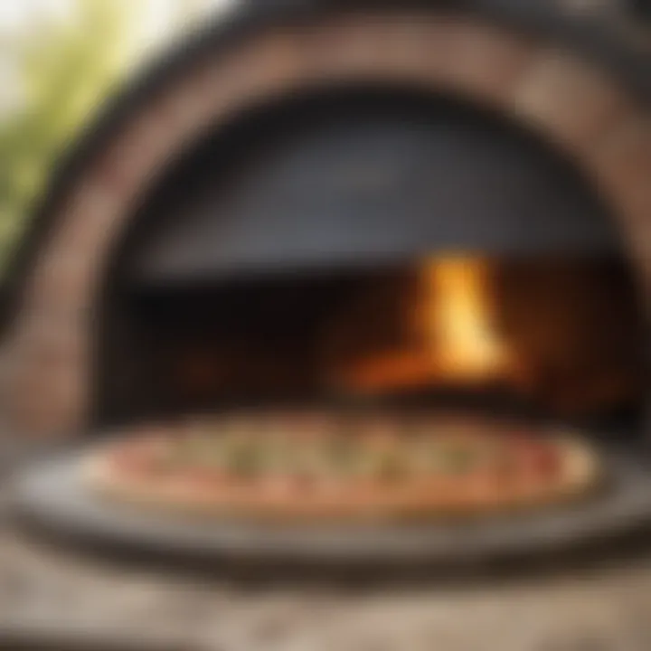 Close-up of pizza being baked in an outdoor oven