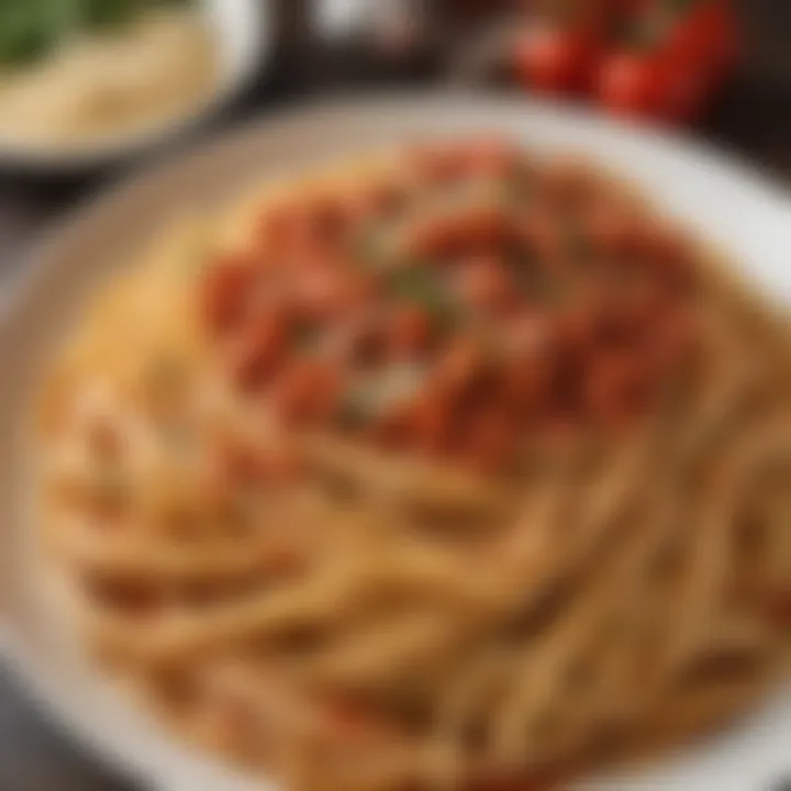 A close-up of cooked whole wheat fettuccini with a rich marinara sauce