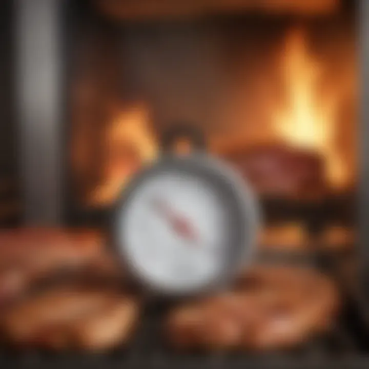 Close-up of a wired meat thermometer in a roaster oven