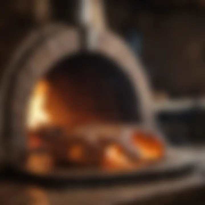 A rustic wood-fired oven glowing with warmth, ready for baking delicious pizzas.