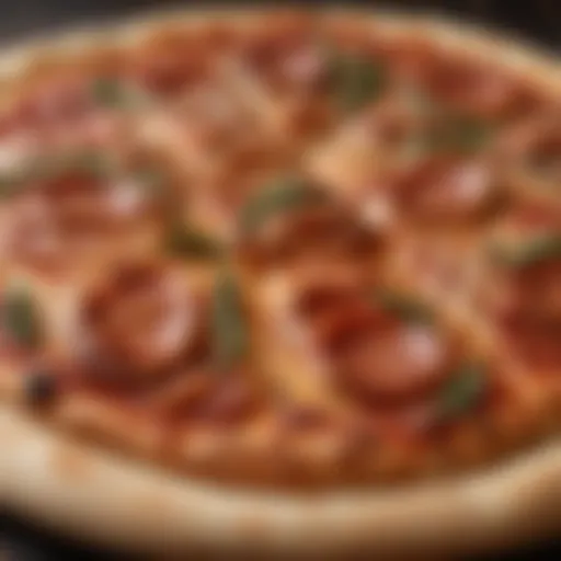 A close-up view of a perfectly baked wood-fired pizza crust showcasing its texture and color.