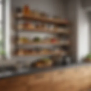 Well-organized kitchen featuring wooden shelves