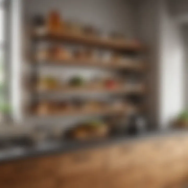 Well-organized kitchen featuring wooden shelves