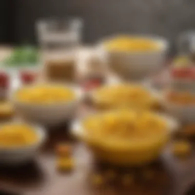 An elegant presentation of food served in yellow Pyrex bowls.