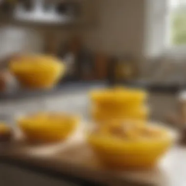 An arrangement of yellow Pyrex bowls in a modern kitchen setting.