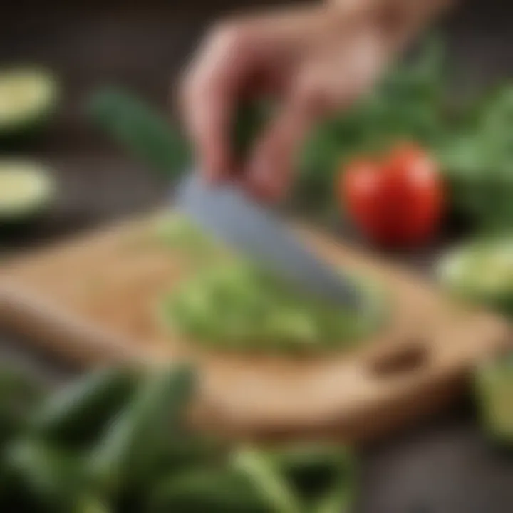 A sharp knife positioned next to fresh zucchini