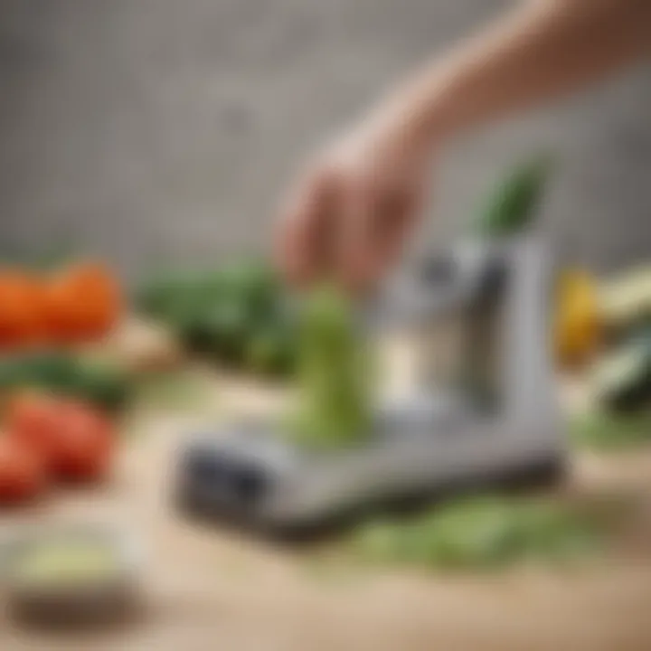 A mandolin with zucchini ready for slicing
